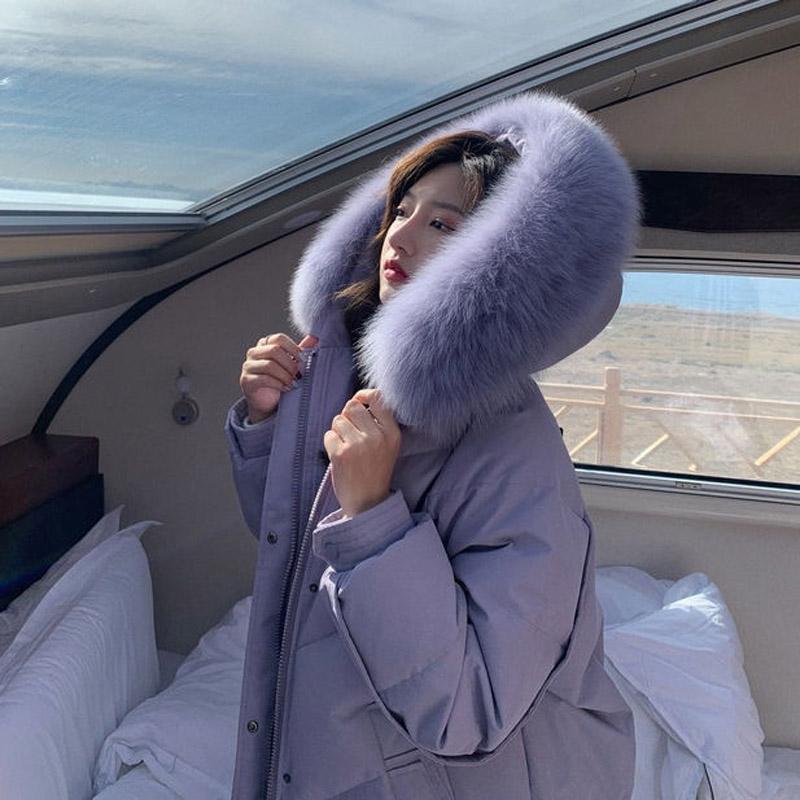 Down Jacket Women's Mid-length White Duck Down Korean Style Loose Over-the-knee Jacket Design Sense of Winter Big Fur Collar Tide