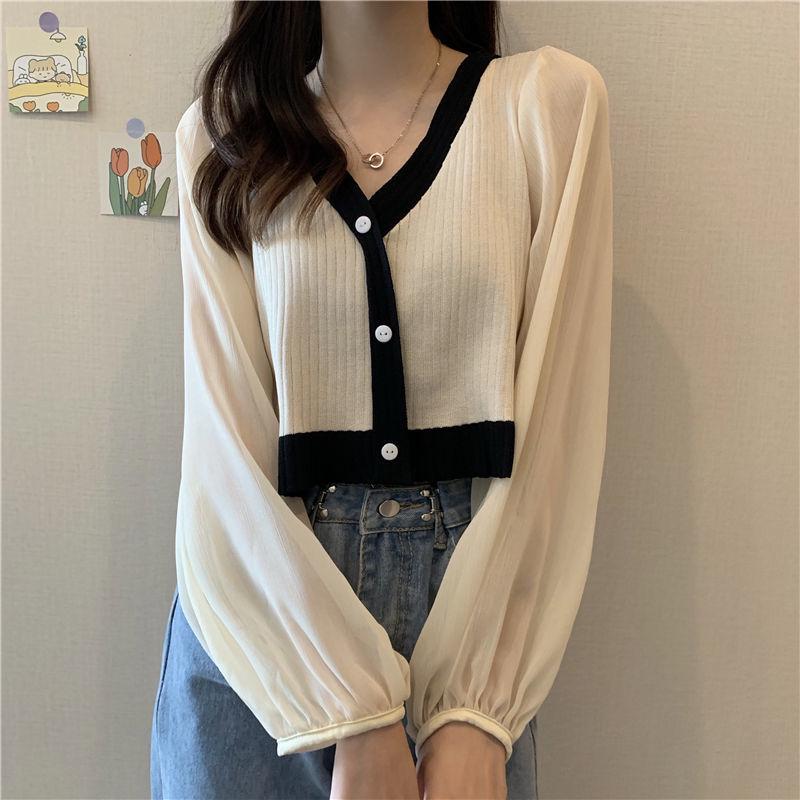 Autumn  Contrast Color Sweater Stitching Chiffon V-neck Thin Student Lantern Sleeve Women