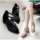 Women Summer Hollow Out Leather Sandals  Rhinestones Sandals High Heeled Open Toe Block Heel Sandals for Women