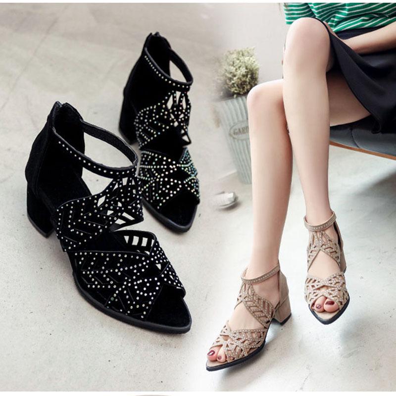 Women Summer Hollow Out Leather Sandals  Rhinestones Sandals High Heeled Open Toe Block Heel Sandals for Women