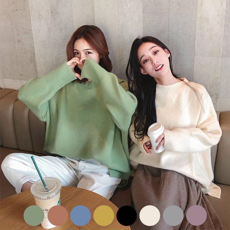 7 Colors Women Warm Solid Purple O-Neck Loose Sweater Blouse Simple Color Cute Sweaters