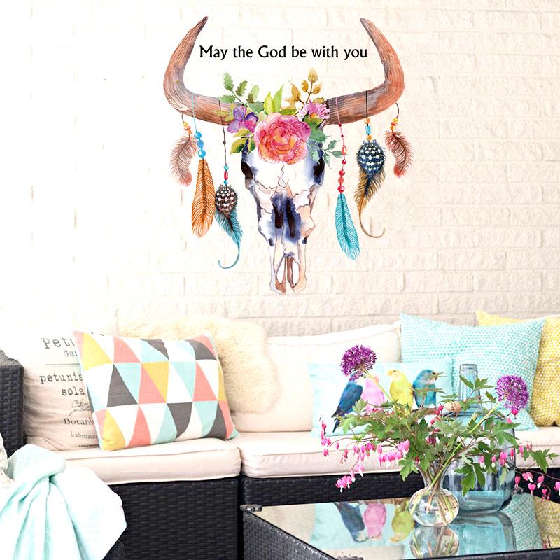 [sticker ]New Cartoon Hand -Painted Horns Feathers Wall Stickers For Kids Rooms Nursery Children De