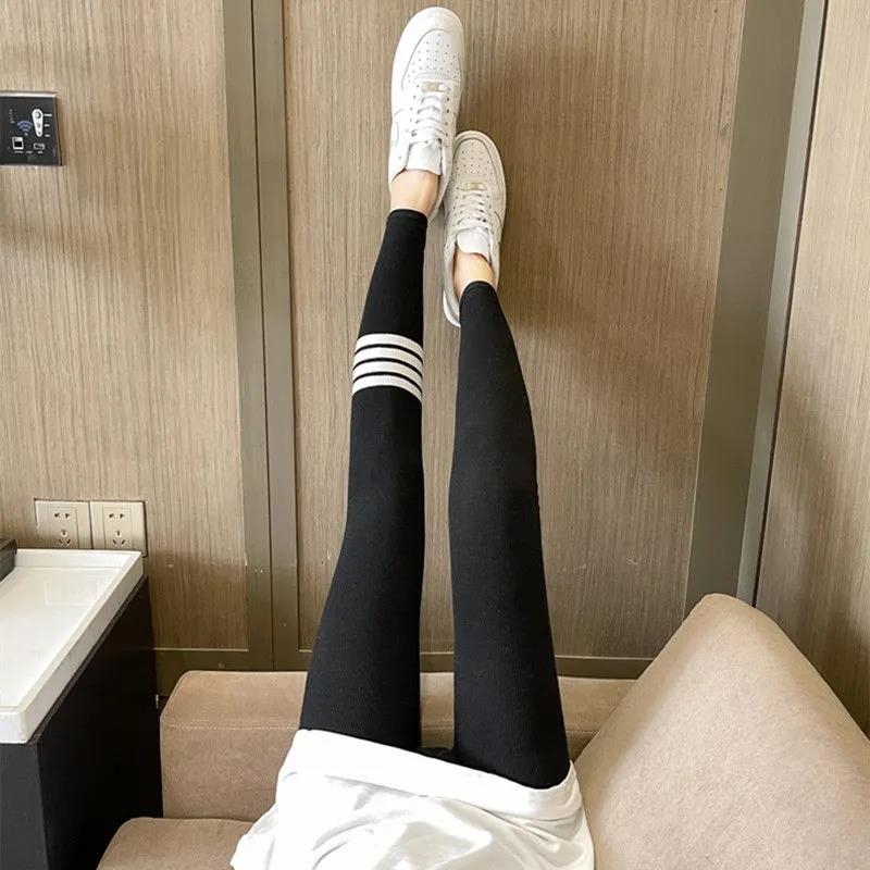 Pants Leg Printing Winter Plus Velvet Thick Vertical Stripes Leggings Women's Outer Wear Trousers Plus Size Tight-fitting Stretch High-waist Pants