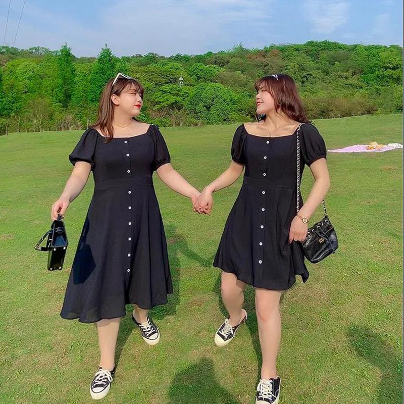 Super Loose Dress Women's Rectangular Neckline Bubble Short-sleeved Mid-length Waist Slimming Loose Version Dress Women's Loose Casual Sweet Dress