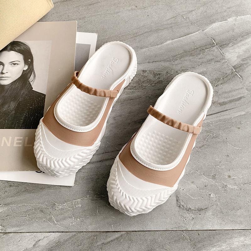 Solid Color All-match Slip-on Sandals and Slippers Baotou Half Slippers Women's Outer Wear Flat-heeled Loafers Comfortable and Light