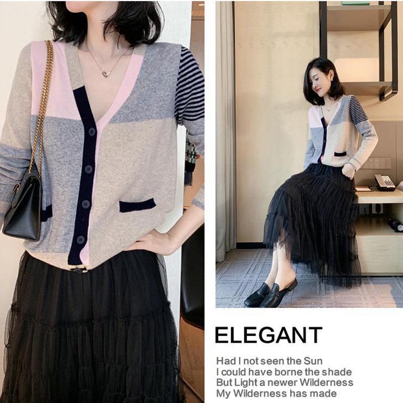 Color-block Knit Sweater Long-sleeved Loose V-neck Sweater Cardigan Jacket Female Spring and Autumn Korean Version of All-match Thin Top