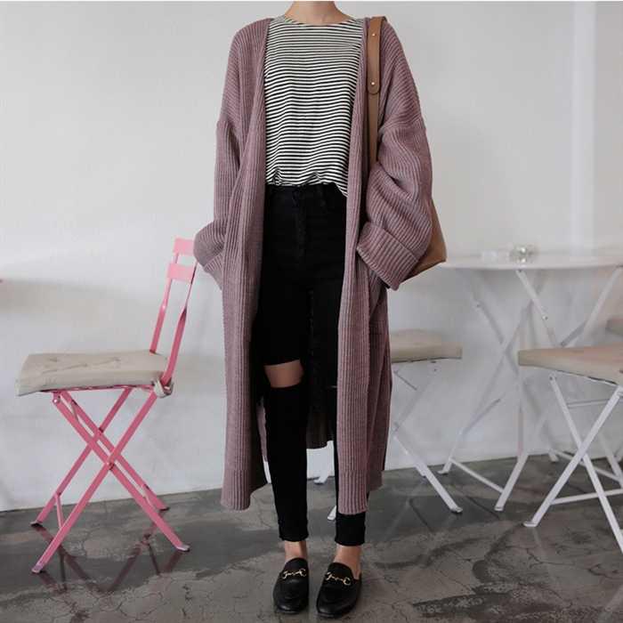Long Cardigan Women Harajuku Loose Knit Sweater Casual Black Oversized Jacket Coat Outwear