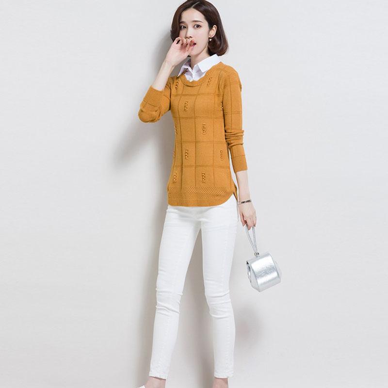 Autumn/winter Lapel Pullover Sweater Women's Plus Size Korean Style Slim Short Fake Two-piece Sweater Sweet Patchwork Knit Sweater Outwear