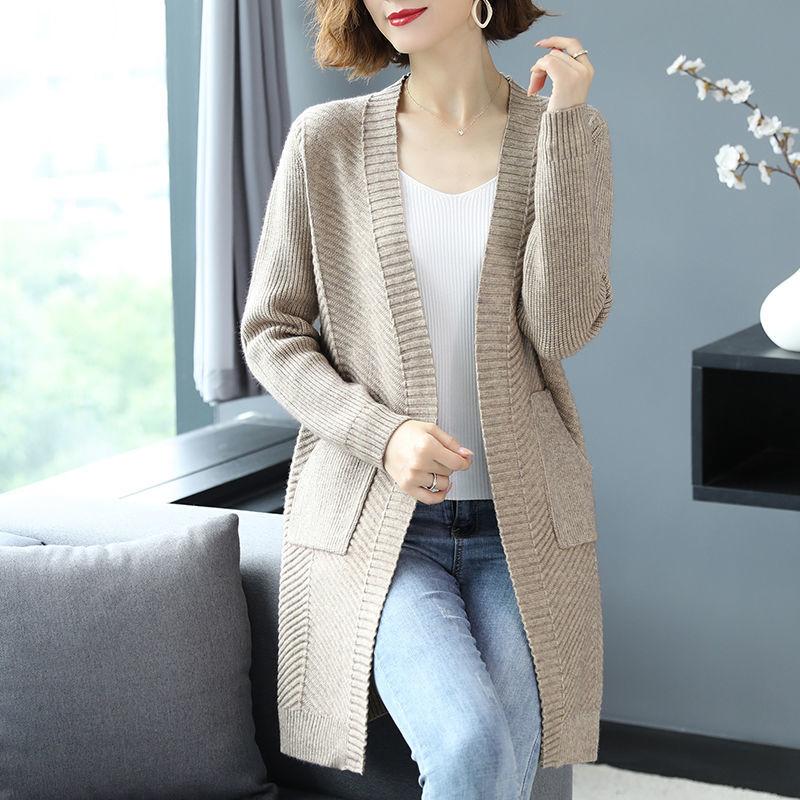 Autumn and Winter Wool Cardigan Sweater Large Size Medium and Long Loose Jacket Pure Color Simple Middle-aged Ladies Jacket