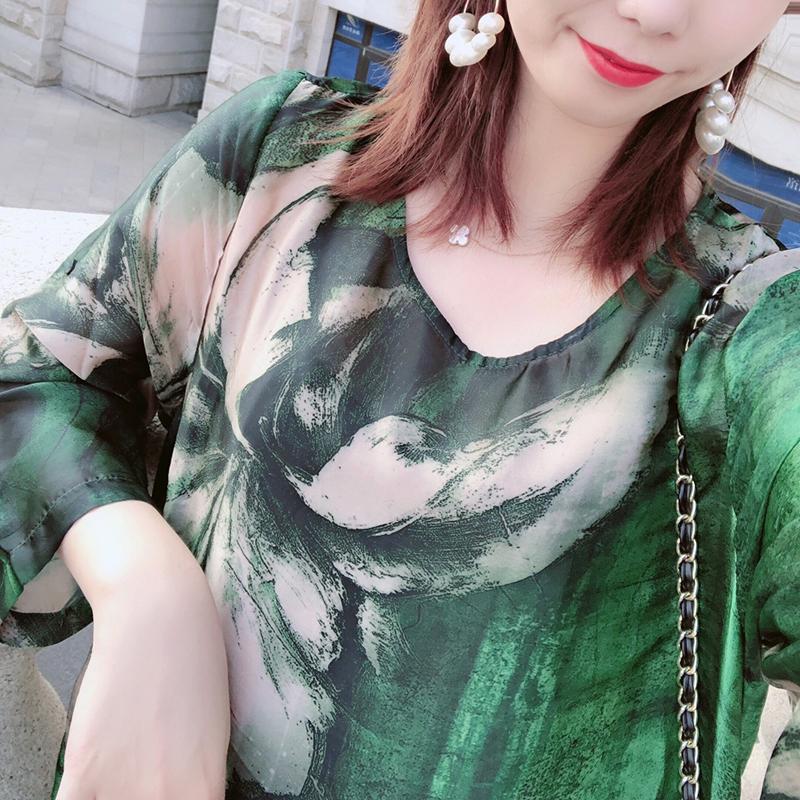 Green M-XXXXL Women's Summer Dress Middle-aged 3/4 Sleeve Round Neck Printing Length To Calf Daily Wear Homewear