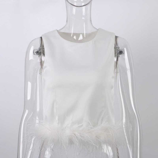 Camisole Women's Inner Hem Stitching Feather Slim Fit Sleeveless Solid Color Cropped Top