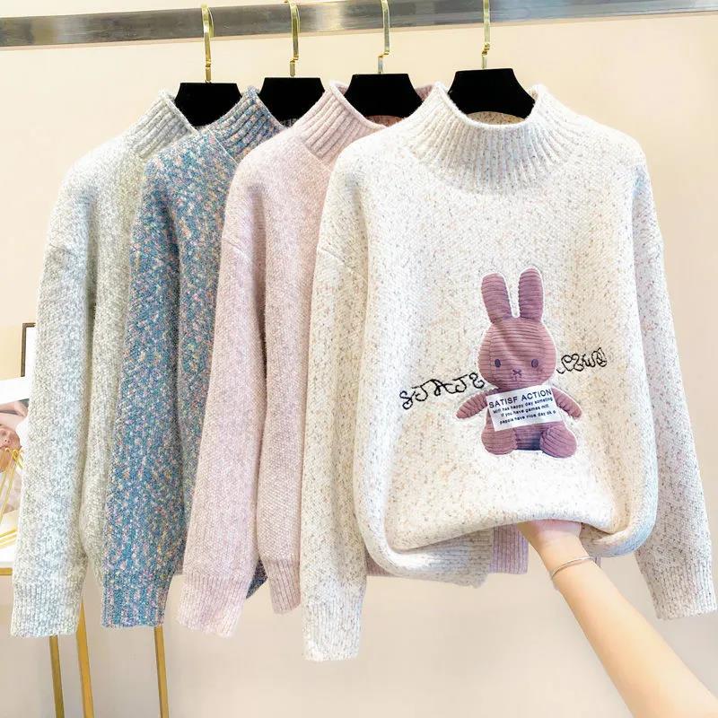 Faux Mink Half Turtleneck Sweater Rabbit Patch Loose Pullover Sweater Casual Plus Size Women's Sweater