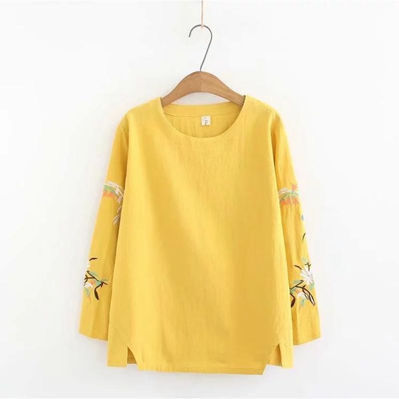 Pure Cotton Embroidery Long-sleeved Plus Size Bottoming Shirt T-shirt Retro Women's Floral Top Mother's Wear