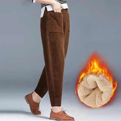 Plus Velvet Autumn and Winter Corduroy Pants Radish Pants Plus Velvet Stretch Loose Deep Pocket Women's Trousers Large Size Was Thin