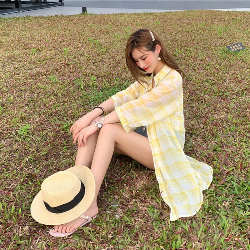 Long Coat Over The Knee Long Sun Protection Clothing Women Loose Fat MM Plaid Chiffon Shirt Sun Protection Clothing Large Loose