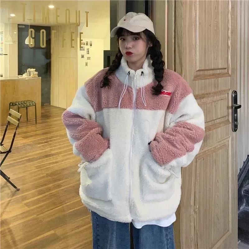 Lamb Wool Stand-up Collar Jacket Female BF Color Matching Loose Cardigan Zipper Plus Velvet Thick Warm Jacket Ladies Casual Warm Jacket