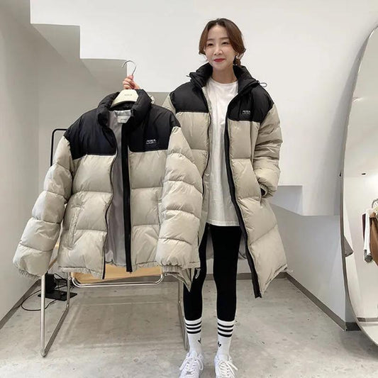 Winter Couple's Mid-length White Duck Down Thickened Coat Student Down Jacket Color Matching Korean Version Loose Cotton Coat Oversized Thick Coat