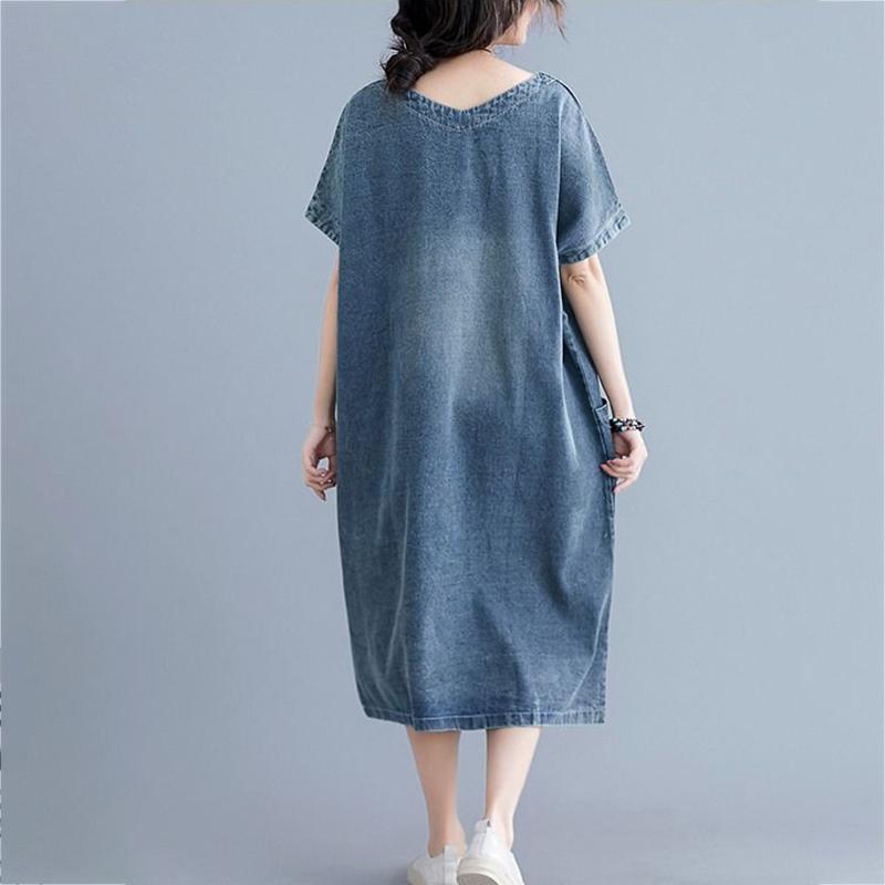WTEMPO Loose Mid-length Frayed Dress Loose Literary Plus Size Summer Dress Denim Dress with Ripped V-neck