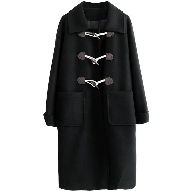 Autumn and Winter Woolen Coat Fashionable Horns Buttoned Woolen Coat Women's Thick Large Size Mid-length Over-the-knee Coat