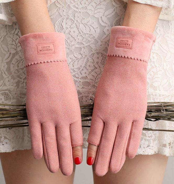 Fingerless Warm Gloves Female Winter Cute Korean Version Half-finger Plus Velvet Thick Cotton Driving Leak Two Fingers