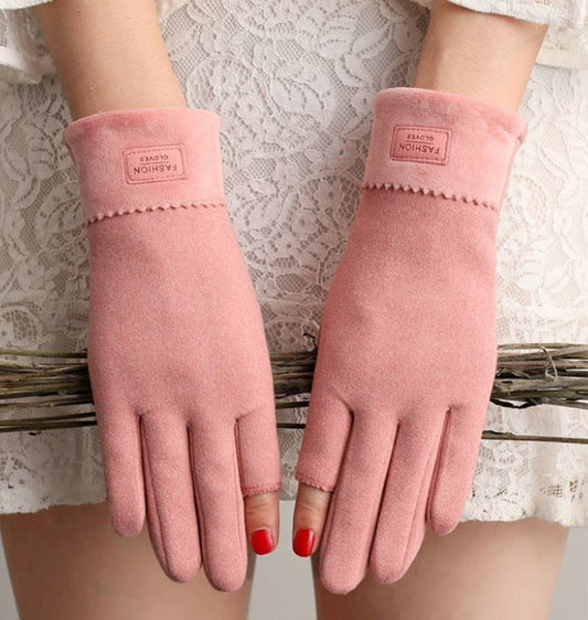 Fingerless Warm Gloves Female Winter Cute Korean Version Half-finger Plus Velvet Thick Cotton Driving Leak Two Fingers