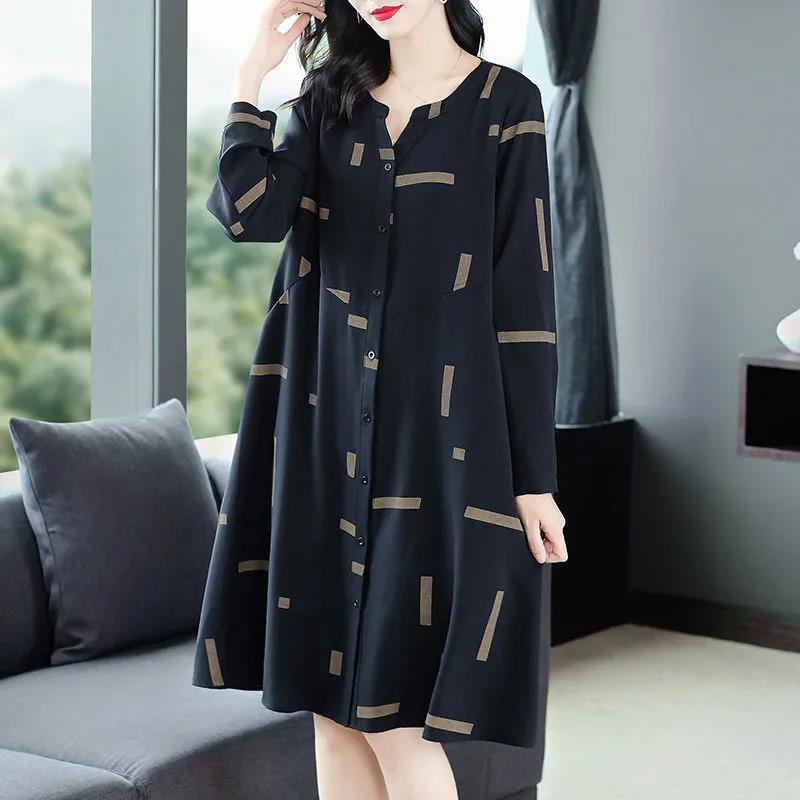 Temperament Loose Shirt Dress Was Thin Covering Belly Skirt Large Size Women's A-line Mid-length Dress Fabric Soft and Sweat-absorbent