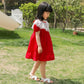 Girls Red Dress Summer Dress Children Summer Puff Sleeve Princess Skirt A-Line Dress Round Neck Short Sleeves