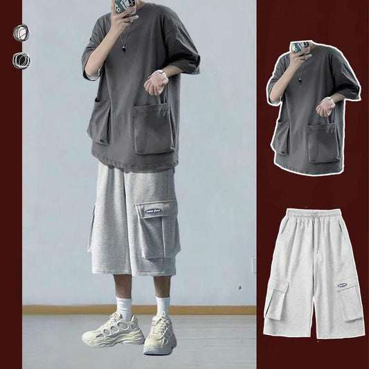 Summer Solid Color Two-piece Casual Five-point Sleeve Suit Male Student Big Pocket T-shirt Men's Seven-point Guard Pants