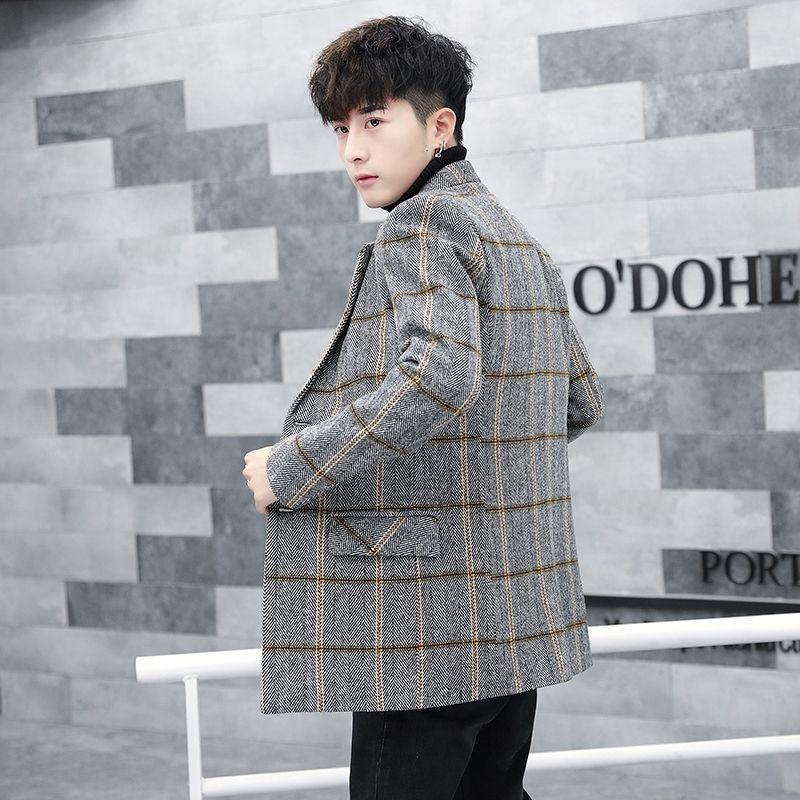 2021 Autumn and Winter Men's Windbreaker Mid-length Plaid Jacket Young and Middle-aged Men's Casual Jacket