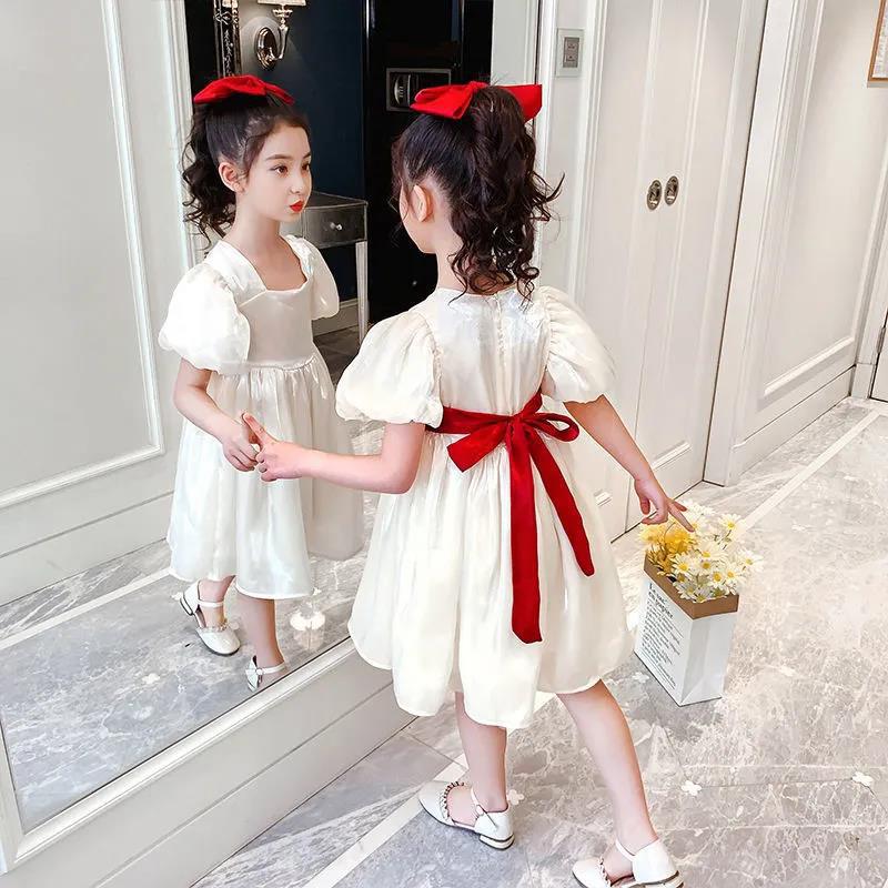 Girls Dress Summer Temperament Solid Color Retro Style Puff Sleeve Princess Dress 4-8 Years Old Girl Sweet Dress A-line Skirt