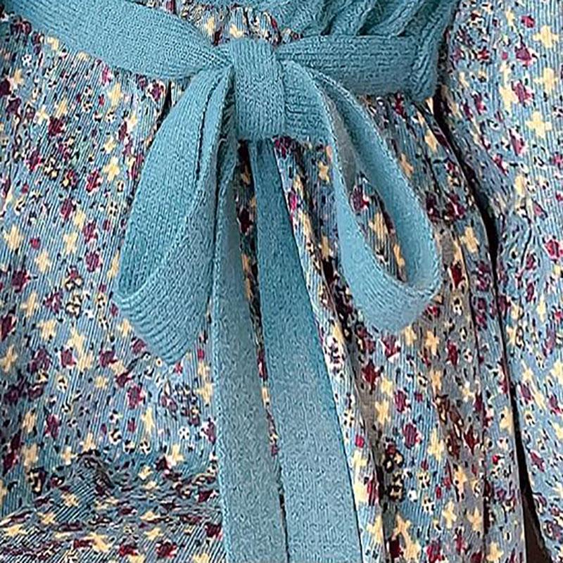 Autumn and Winter Floral Corduroy Dress Stitching Fake Two-piece Woven Waist Tie Bow Coat Sweater Dress