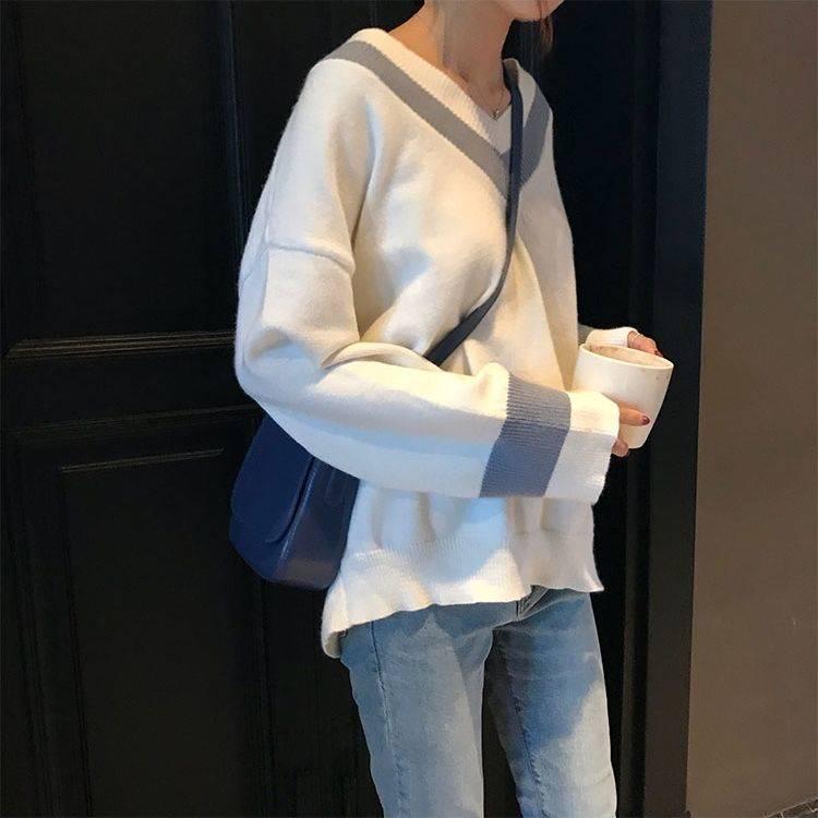 Pofulove V-neck Sweater Women Korean Loose Lazy College Style Pullover Knit Top Autumn Winter