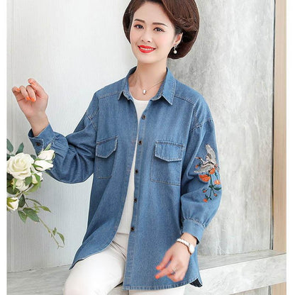 Spring and Autumn Mothers Wear Embroidered Denim Shirt Middle-aged Women Loose Casual Jacket Jacket Women