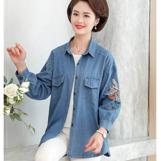 Spring and Autumn Mothers Wear Embroidered Denim Shirt Middle-aged Women Loose Casual Jacket Jacket Women