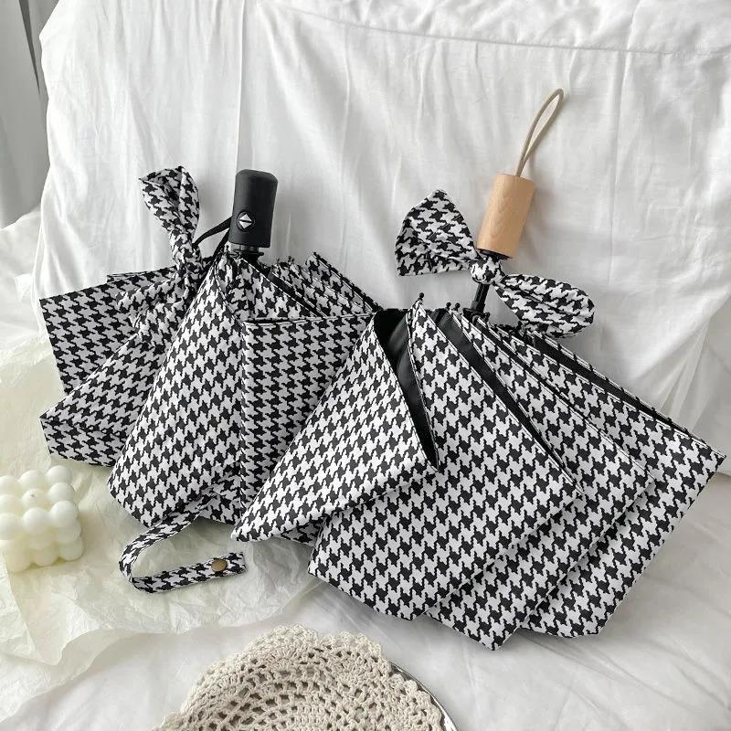 Houndstooth Umbrella Female Ins Sen Department Simple Rain and Rain Dual-use Student Folding Automatic Strong