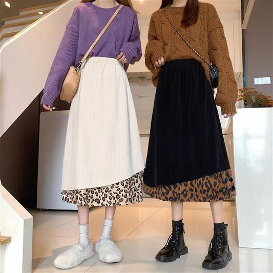 Autumn and Winter Retro Corduroy Leopard Print Stitching Skirt Female High-waisted Thin A-line Mid-length Umbrella Skirt