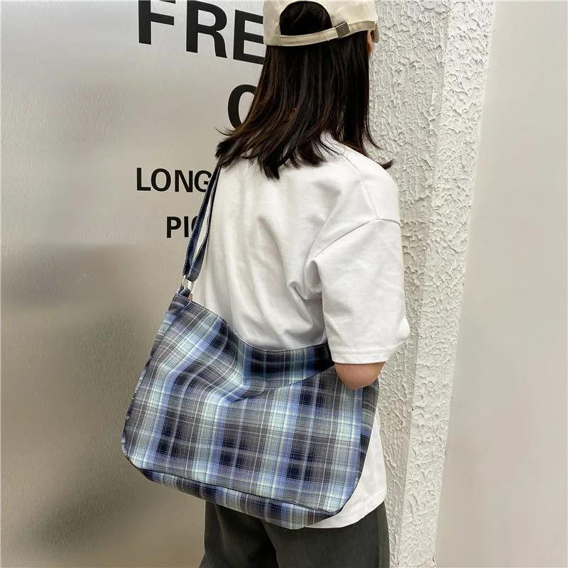 Women Canvas Bags Travel Casual Large Daily Shoulder Handbag Simple Hobo Bags Large-capacity Plaid Bag