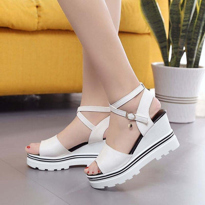 Summer Korean Style Slope with High-heeled Roman Shoes Thick-soled Student Sandals Women's Cross Platform Platform Women's Shoes