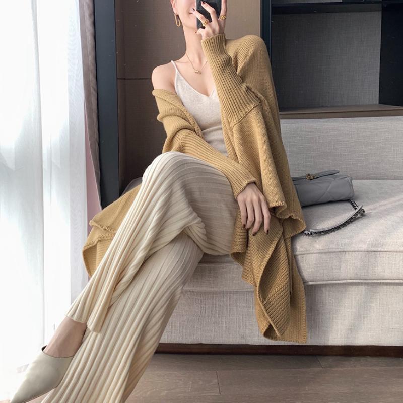 Casual Thick Knitted Women Pants Elastic High Waist Loose Female Wide Leg Pant Long Trousers 2022 Autumn Winter Striped Pantalon