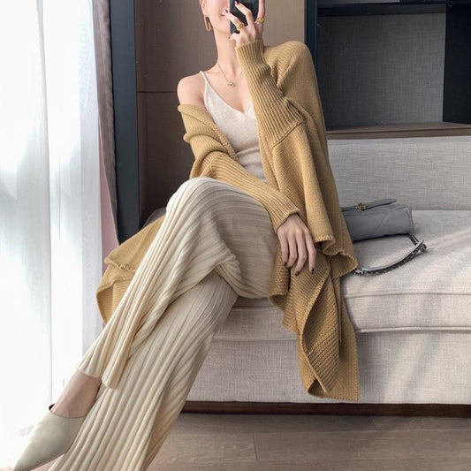 Casual Thick Knitted Women Pants Elastic High Waist Loose Female Wide Leg Pant Long Trousers 2022 Autumn Winter Striped Pantalon