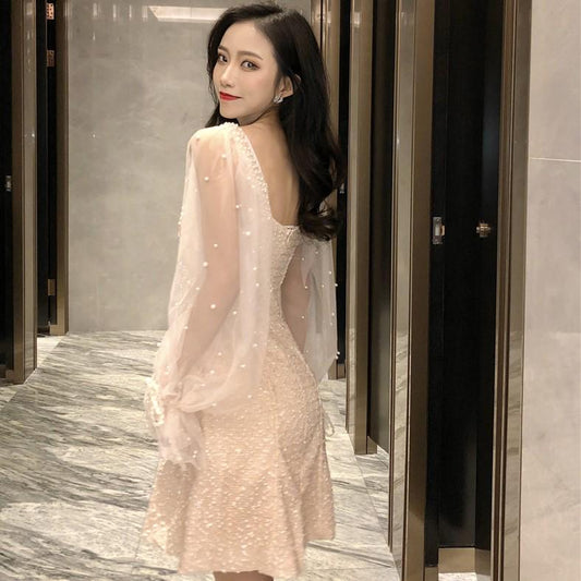 Fashion sexy slim wild mesh dress woman long sleeve lace dress spring and summer woman clothing