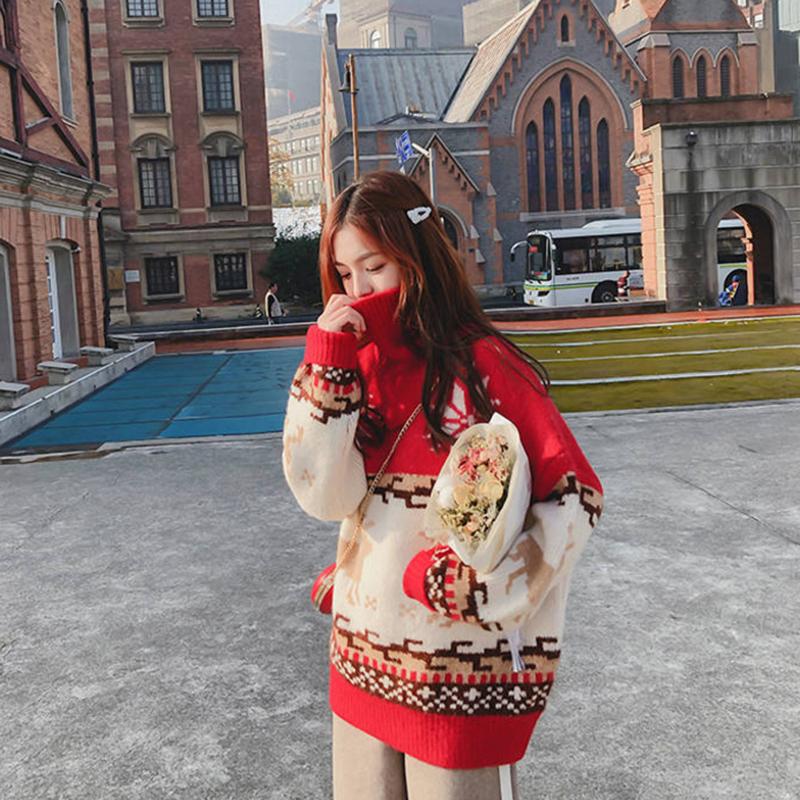 Pofulove Christmas Turtleneck Sweater Women Winter Loose Elk Thickened Pullover Lazy Wind Tide
