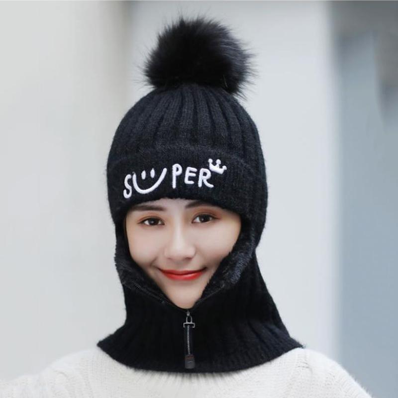 Zipper Hat Autumn and Winter Knitted Ear Protection Woolen Cap Mask Warmth and Velvet Thickening All-match Cycling Hood