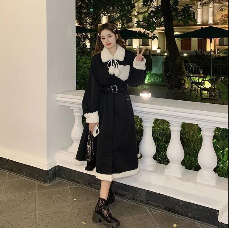 Winter Sweet and Cool Girl Thick Warm Fur Collar Stitching Prague British Girl Plus Cotton Windbreaker Dress