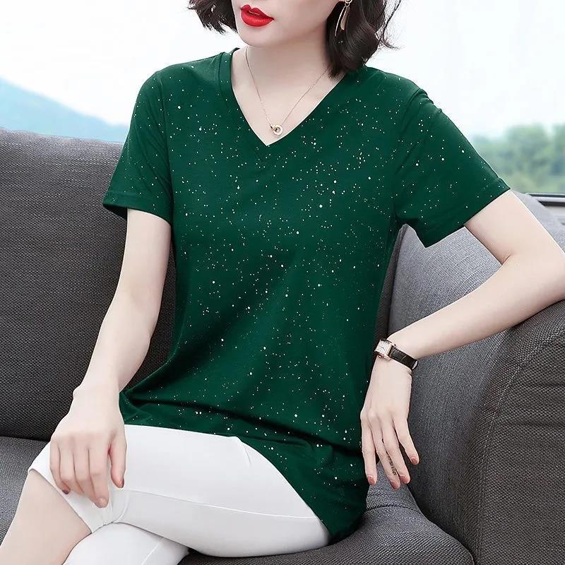 Women's Summer Short Sleeve Mid Length V-Neck Large Size Loose T-Shirt