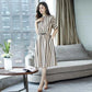 All-match Thin High Waist Skirt Temperament Lady Dress with Pockets In The Long Striped High Waist Dress Thin Elegant Round Neck Retro