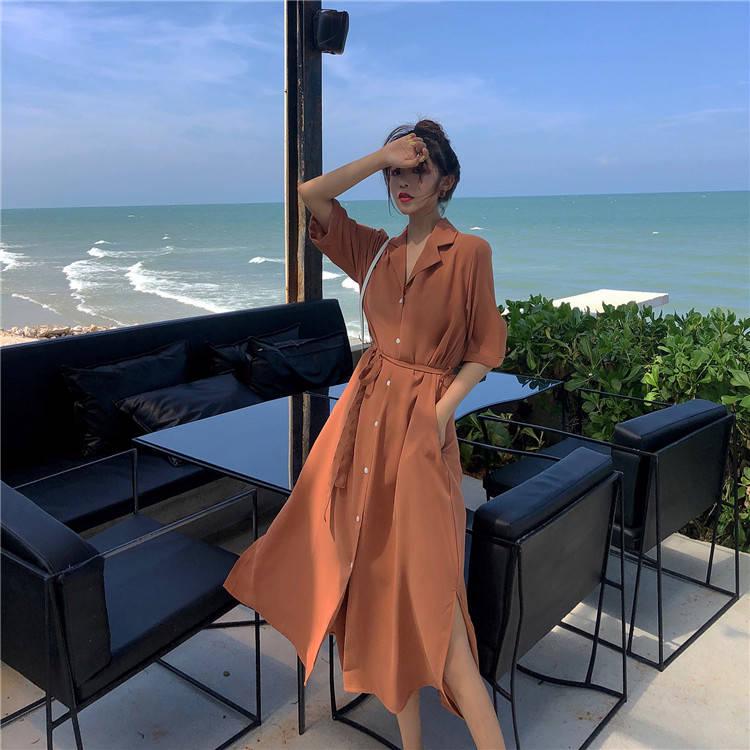Casual Sashes A Line Women Dress Ladies Lapel Party Dress Summer Elegant Long Dress Shirt Dress