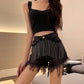 Summer Dress Hong Kong Style Chain Tassel Black Loose and Thin High Waist Student Denim Shorts Women