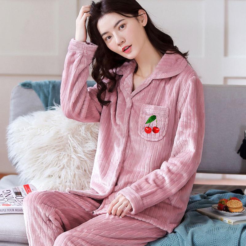 Pajamas Autumn Female Flannel Fabric Skin-friendly Soft Thickening Suit Spring Autumn Winter Cardigan Coral Fleece Cute Home Service