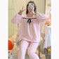 Women's Autumn Winter Coral Fleece Pajamas Set Cute Bow Square Collar Thickened Flannel Homewear Suit Loose Striped Pyjamas Pants Two-piece Set
